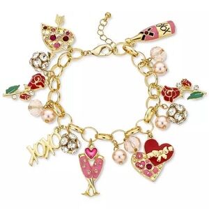 Holiday‎ Lane Gold-Tone Multi-Charm Bracelet Pink Hearts Pearls Valentines